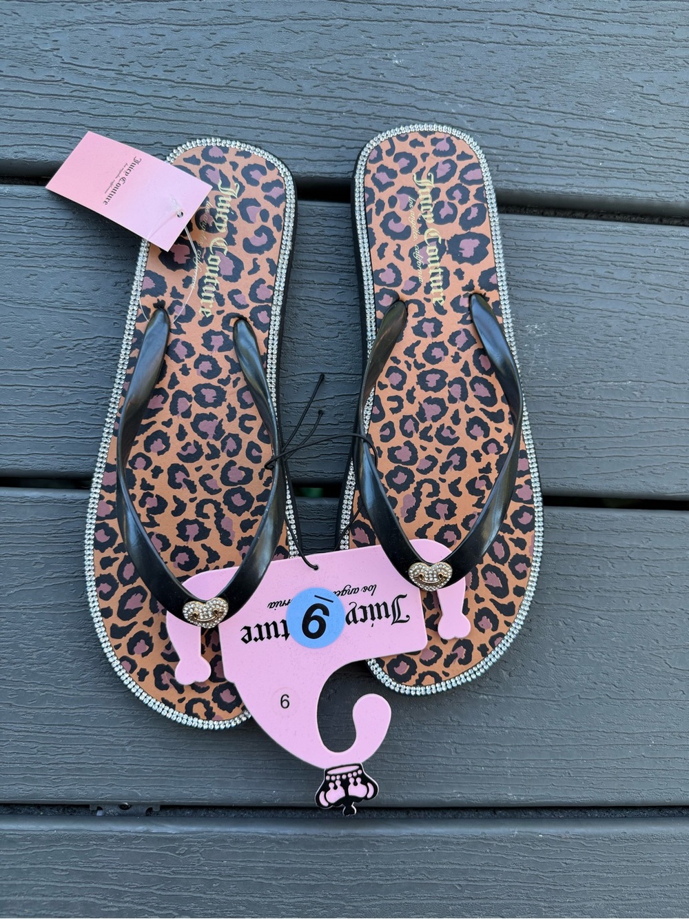 Juicy Couture Pink Leopard Print Flip Flops with Black Straps